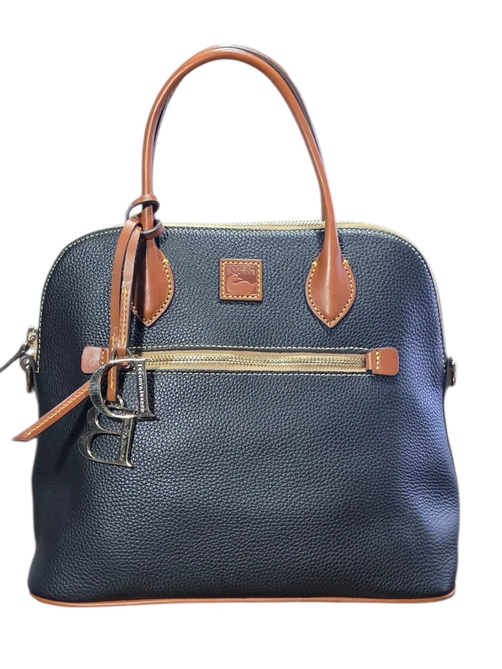 Dooney & Bourke Black Pebbled Leather Satchel with Brown Trim